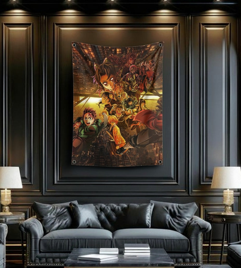 Demon Slayer Corps velvet wall tapestry – cinematic golden anime art mockup on bedroom wall