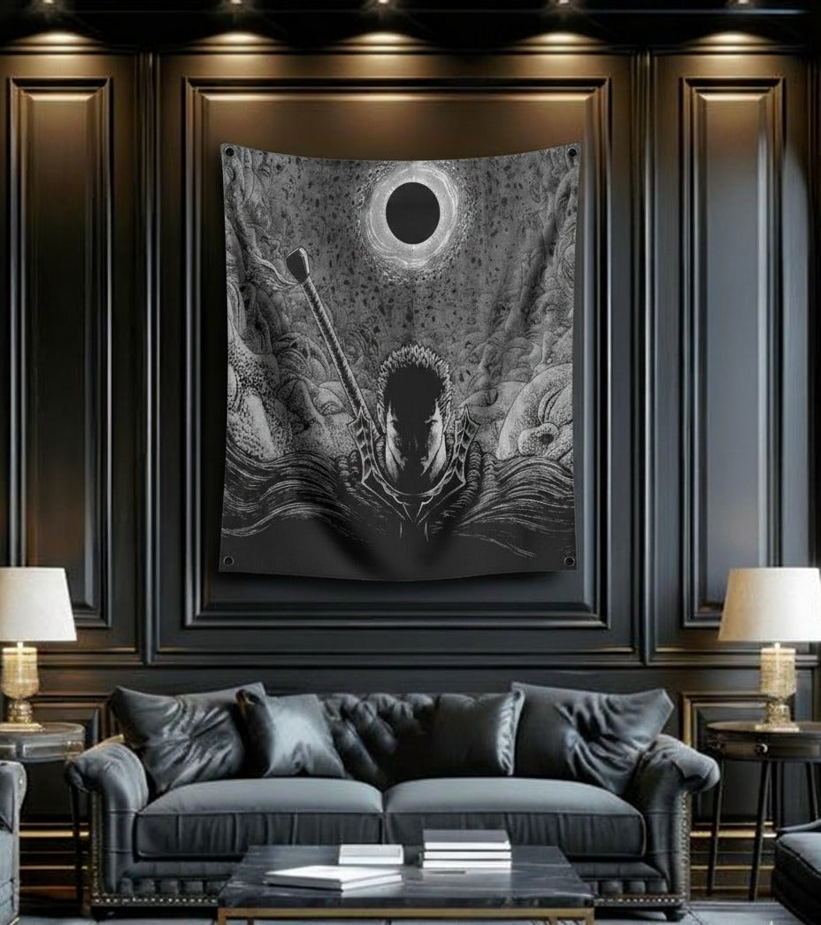 Berserk Guts Eclipse velvet wall tapestry – dark monochrome manga horror art mockup on bedroom wall