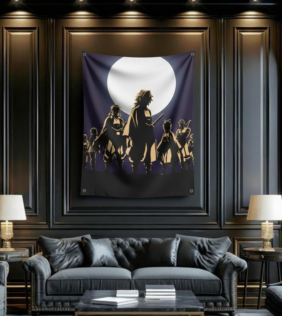 Demon Slayer Hashira Silhouette velvet wall tapestry – navy and gold cinematic anime art mockup on bedroom wall