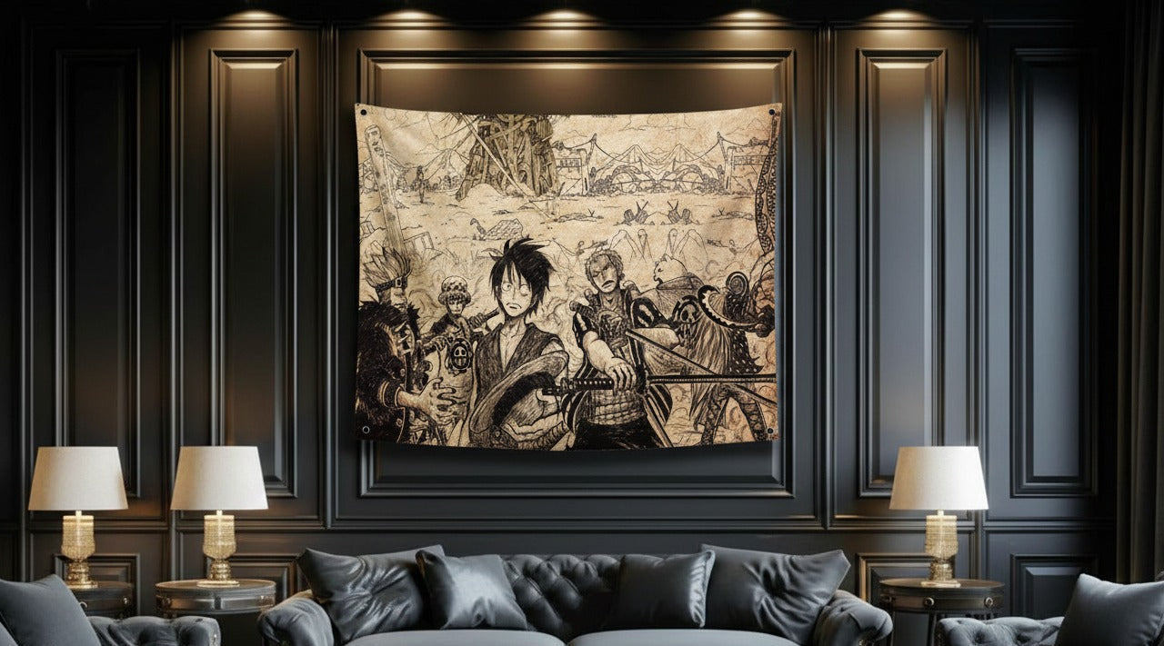 One Piece Straw Hat Crew velvet wall tapestry – vintage sepia manga sketch art mockup on bedroom wall