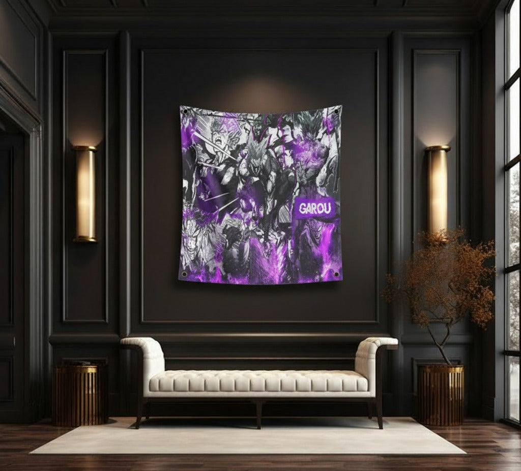 Garou One Punch Man velvet wall tapestry – dark purple manga collage art mockup on bedroom wall
