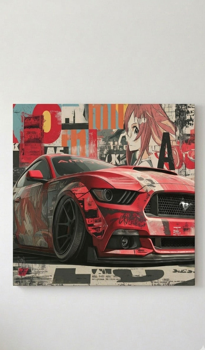 Anime Mustang velvet wall tapestry – red Mustang with anime girl collage and graffiti typography flat product view