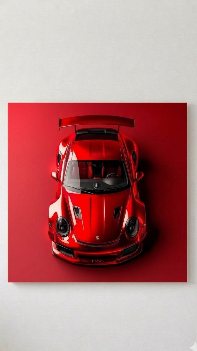Red Porsche GT3 velvet wall tapestry – aerial top-down view of all-red GT3 with spoiler flat product view
