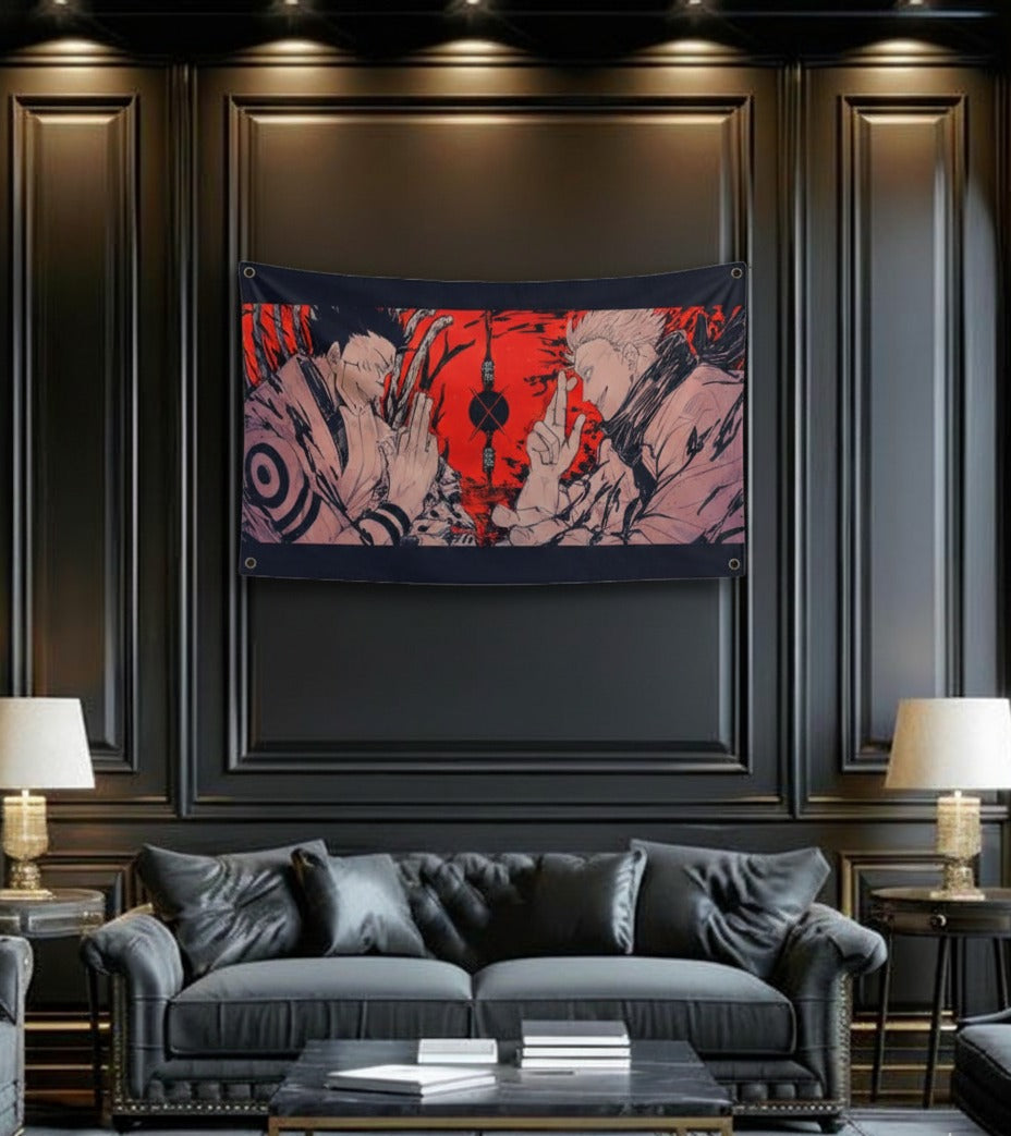 Jujutsu Kaisen velvet wall tapestry – bold painterly JJK anime art mockup on bedroom wall