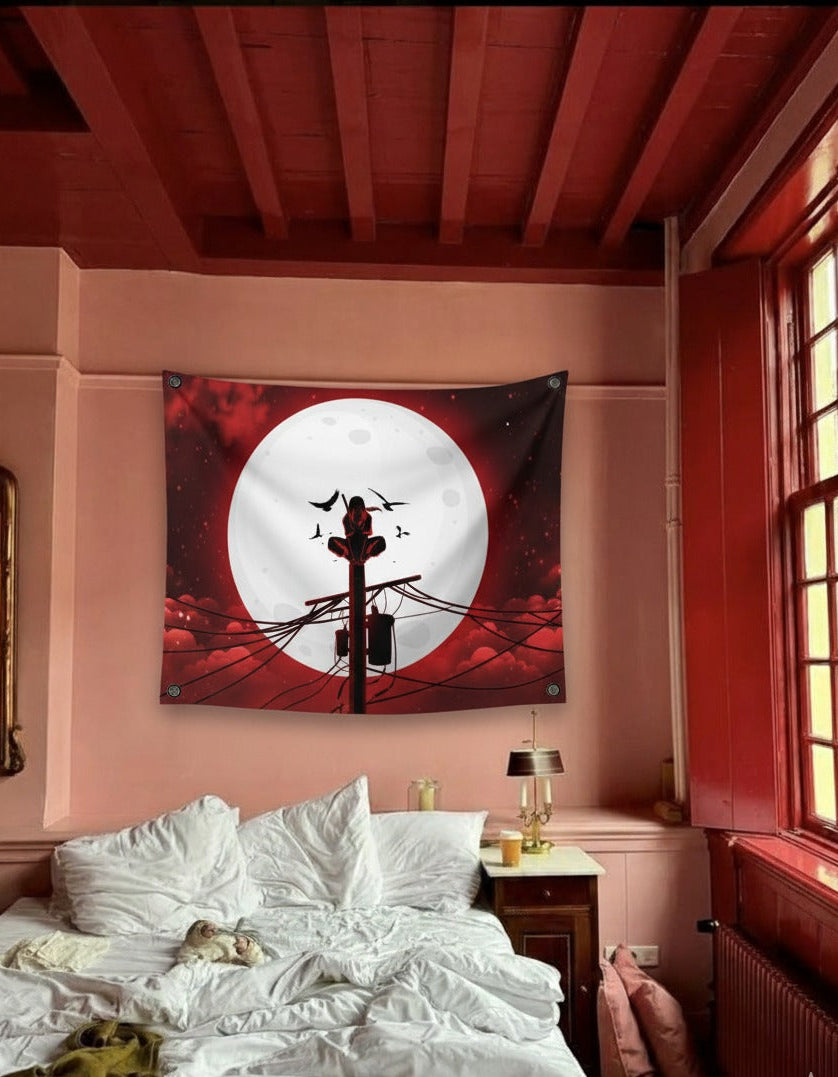 Itachi Uchiha Moon velvet wall tapestry – cinematic Naruto silhouette art mockup on bedroom wall