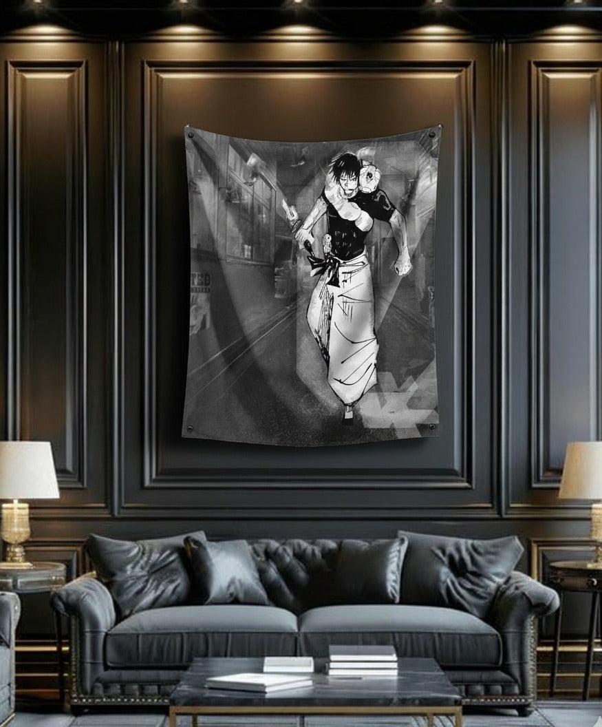 Toji Fushiguro velvet wall tapestry – JJK dark manga art mockup on bedroom wall