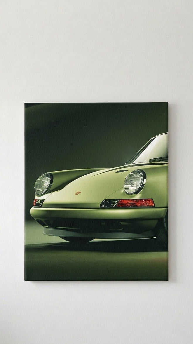 Porsche 911 classic green velvet wall tapestry – sage green 911 front end on moody studio background flat product view