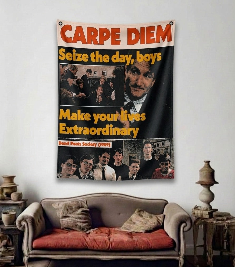 Dead Poets Society Carpe Diem velvet wall tapestry – retro editorial film art mockup on dorm room wall