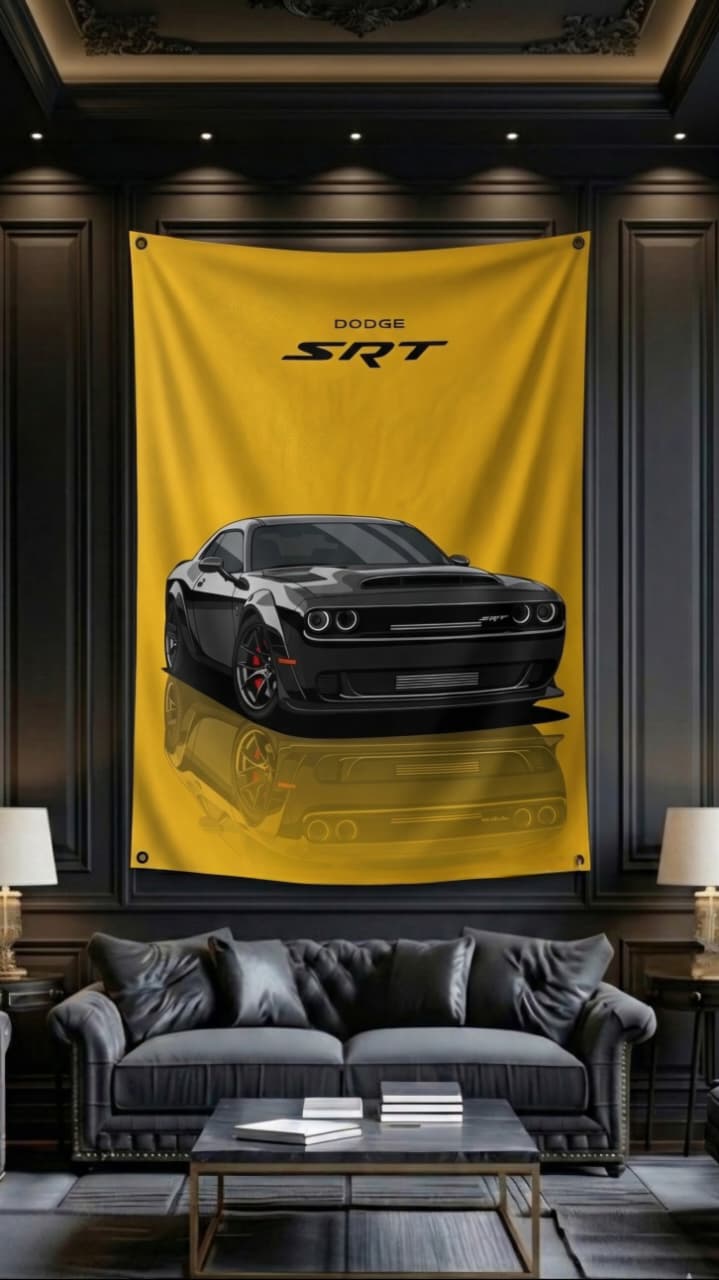 Dodge SRT Challenger velvet wall tapestry – room mockup showing tapestry hung on bedroom wall