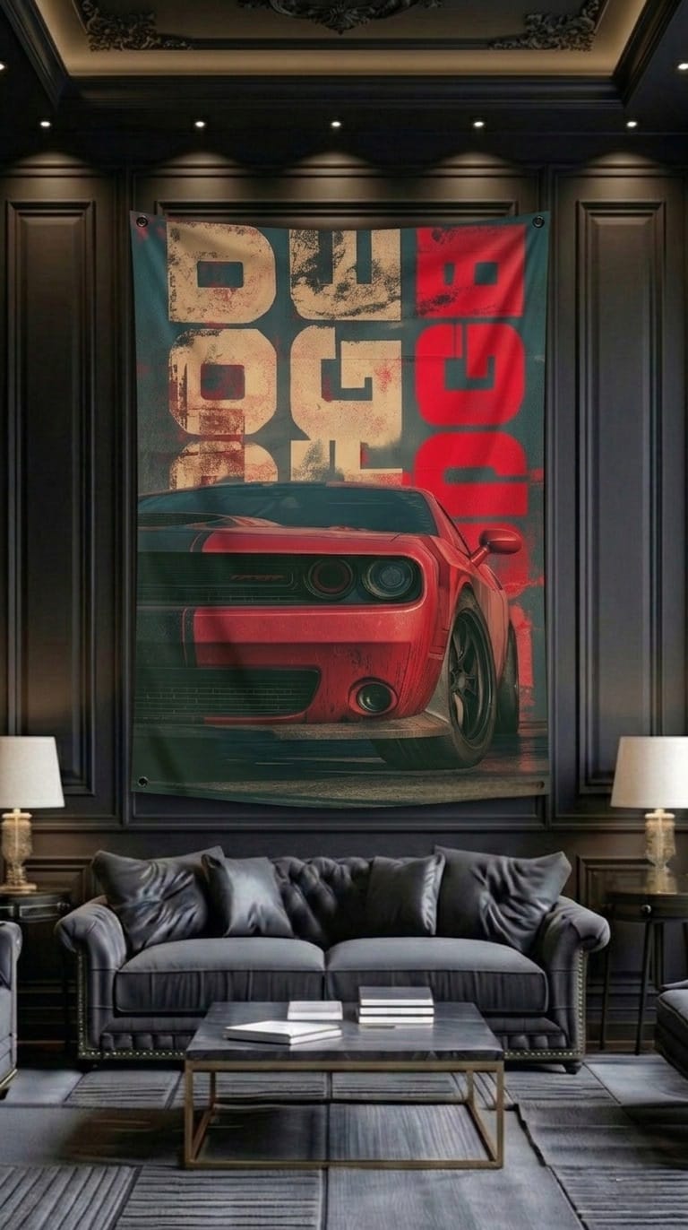 Dodge Challenger velvet wall tapestry – room mockup showing tapestry hung on bedroom wall