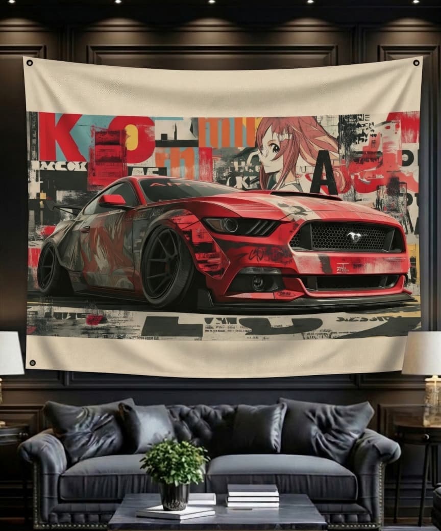 Anime Mustang velvet wall tapestry – room mockup showing tapestry hung on bedroom wall