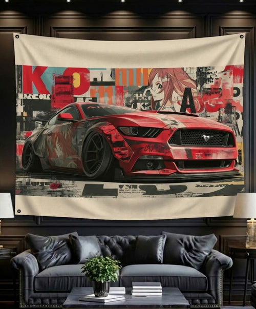 Anime Mustang velvet wall tapestry – room mockup showing tapestry hung on bedroom wall