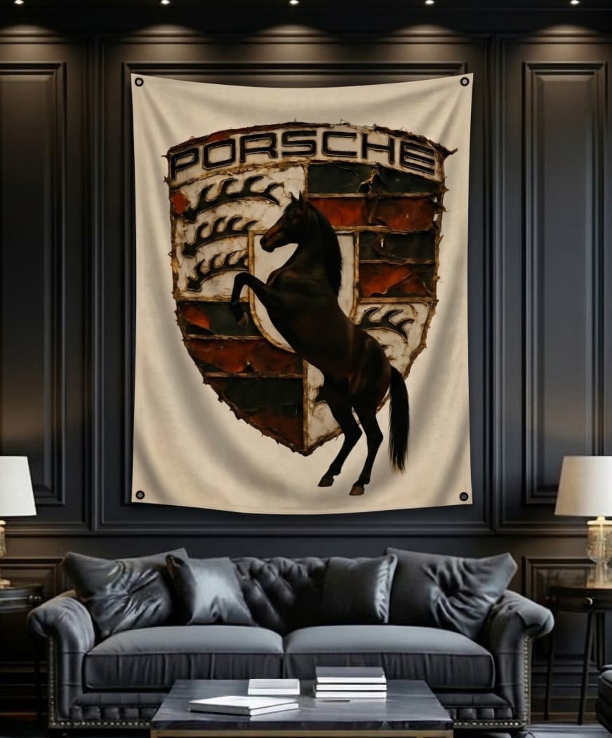 Porsche crest horse velvet wall tapestry – room mockup showing tapestry hung on bedroom wall