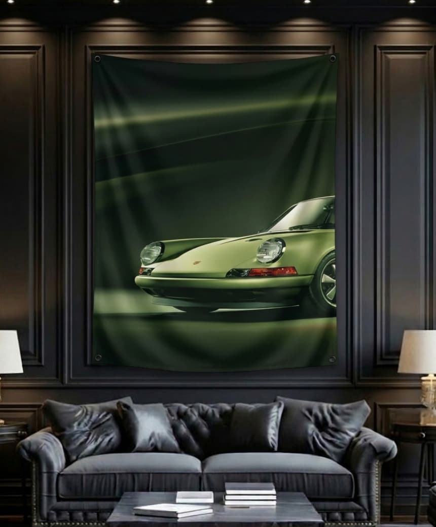 Porsche 911 classic green velvet wall tapestry – room mockup showing tapestry hung on bedroom wall