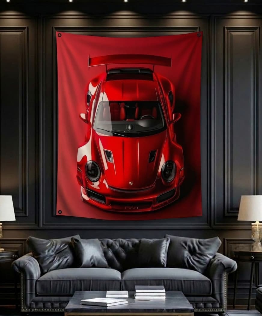 Red Porsche GT3 velvet wall tapestry – room mockup showing tapestry hung on bedroom wall