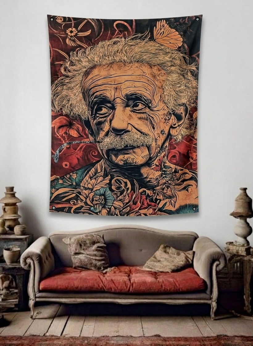 Einstein floral tattoo velvet wall tapestry – room mockup showing tapestry hung on bedroom wall