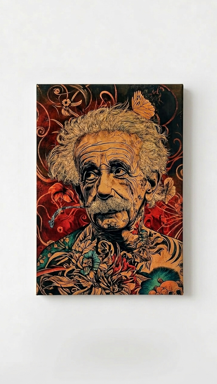 Einstein floral tattoo velvet wall tapestry – Einstein portrait with floral tattoo illustration flat product view