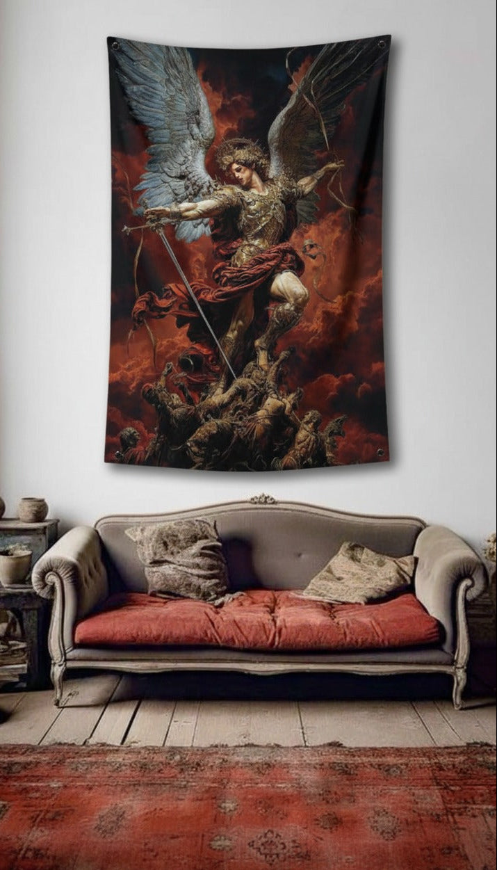 Archangel Michael velvet wall tapestry – room mockup showing tapestry hung on bedroom wall
