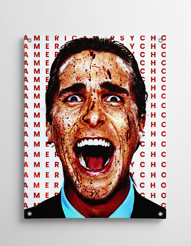 American Psycho Patrick Bateman velvet wall tapestry – Patrick Bateman mid-scream with white typographic letter pattern on red and white background