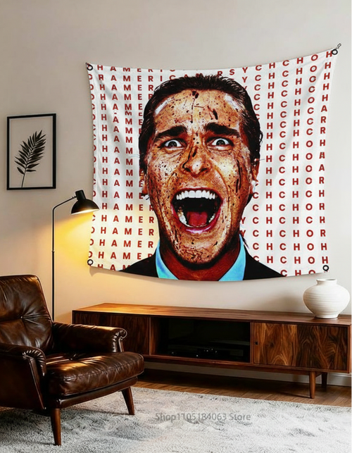 American Psycho Patrick Bateman velvet wall tapestry – cult horror portrait art mockup on bedroom wall