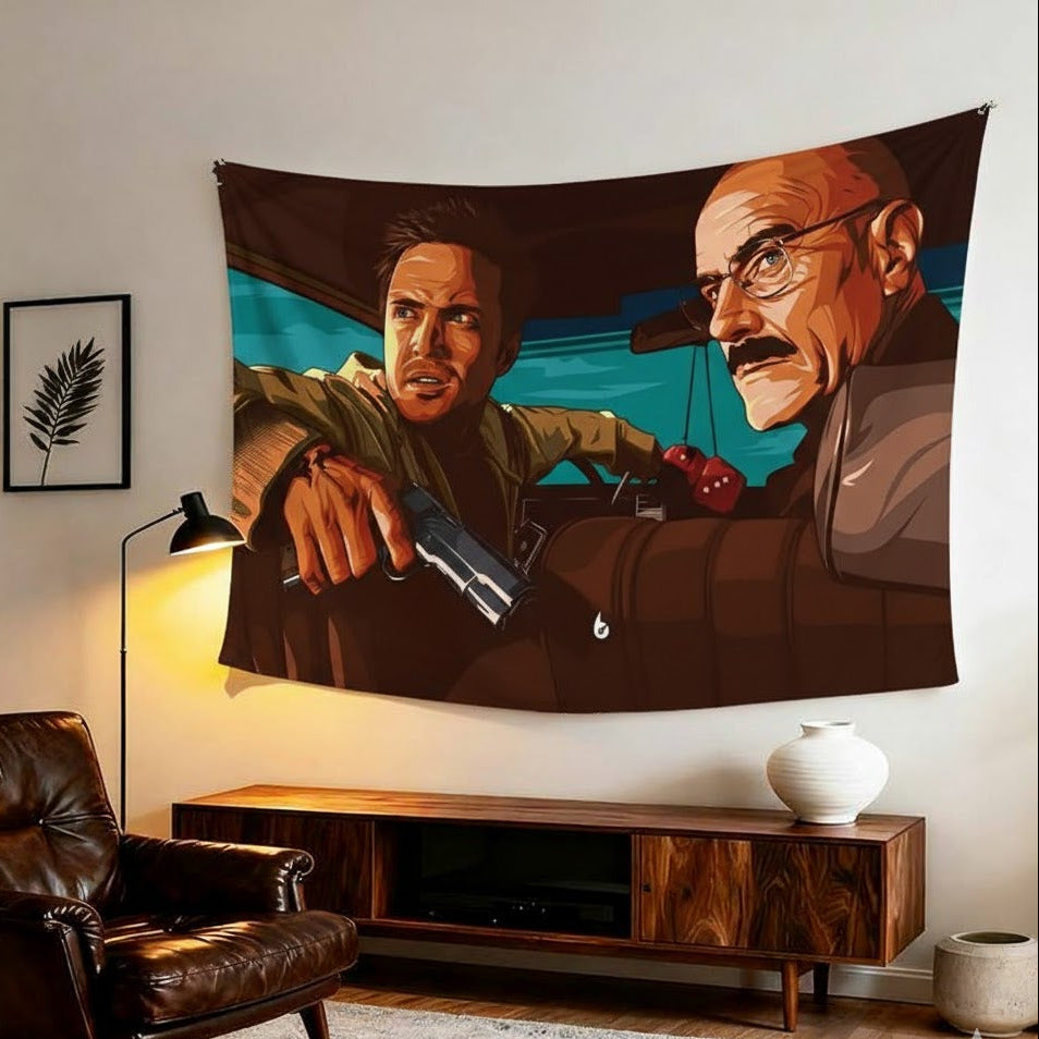 Breaking Bad velvet wall tapestry – room mockup showing Walter and Jesse tapestry hung on bedroom wall