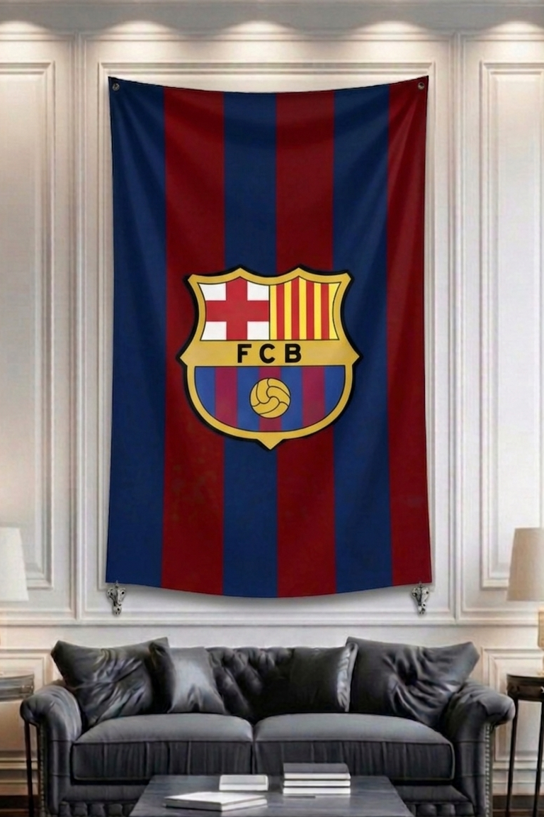 FC Barcelona crest velvet wall tapestry – vibrant blaugrana football crest in deep navy red and gold