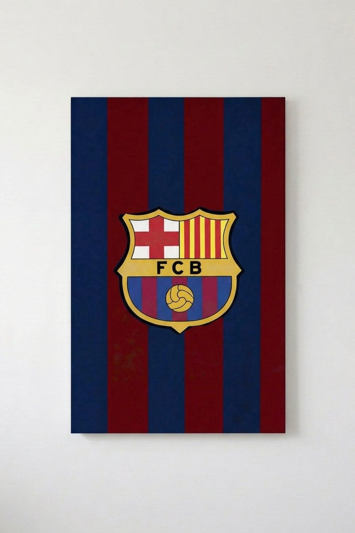 FC Barcelona crest velvet wall tapestry – iconic blaugrana navy and crimson stripes with gold club badge on bold background