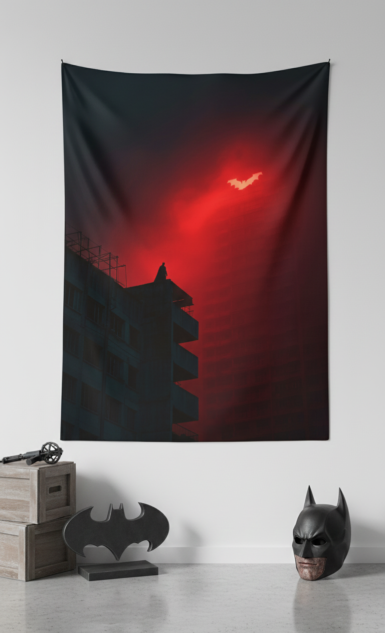 Batman Gotham City velvet wall tapestry – cinematic atmospheric DC art mockup on bedroom wall