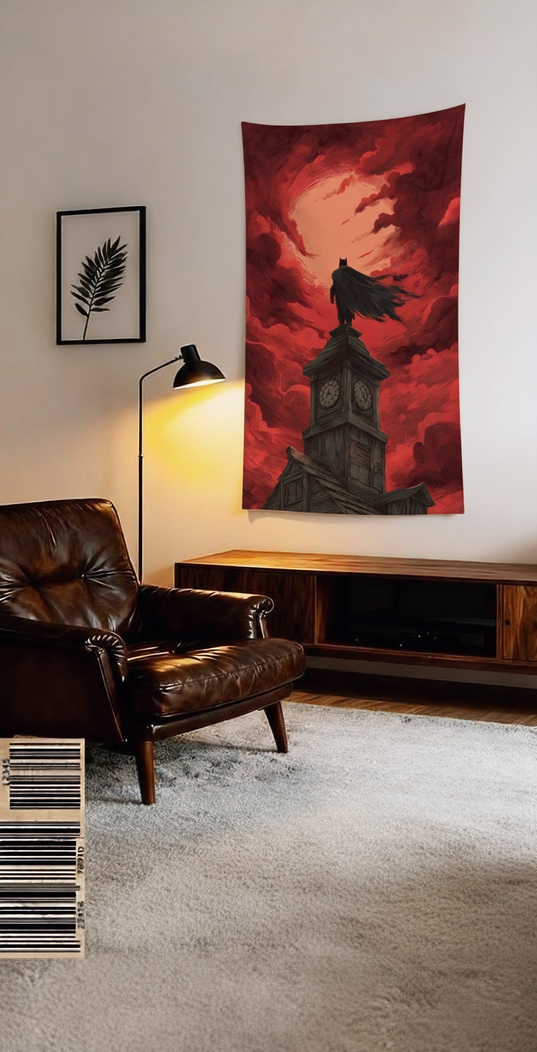 Batman Red Sky velvet wall tapestry – dark gothic DC art mockup on bedroom wall