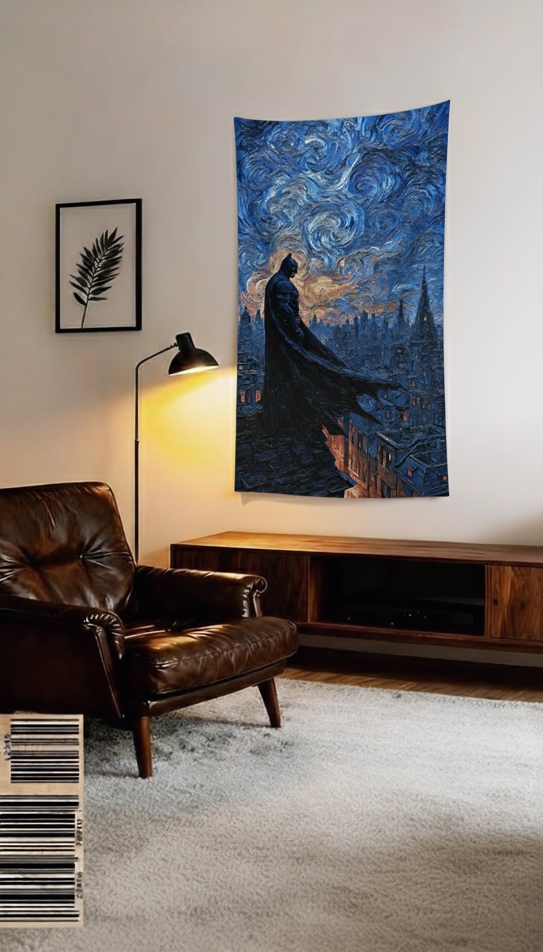 Batman Starry Night velvet wall tapestry – Van Gogh DC crossover art mockup on bedroom wall