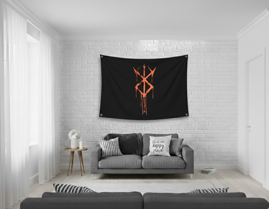 Berserk Brand of Sacrifice velvet tapestry mockup on bedroom wall