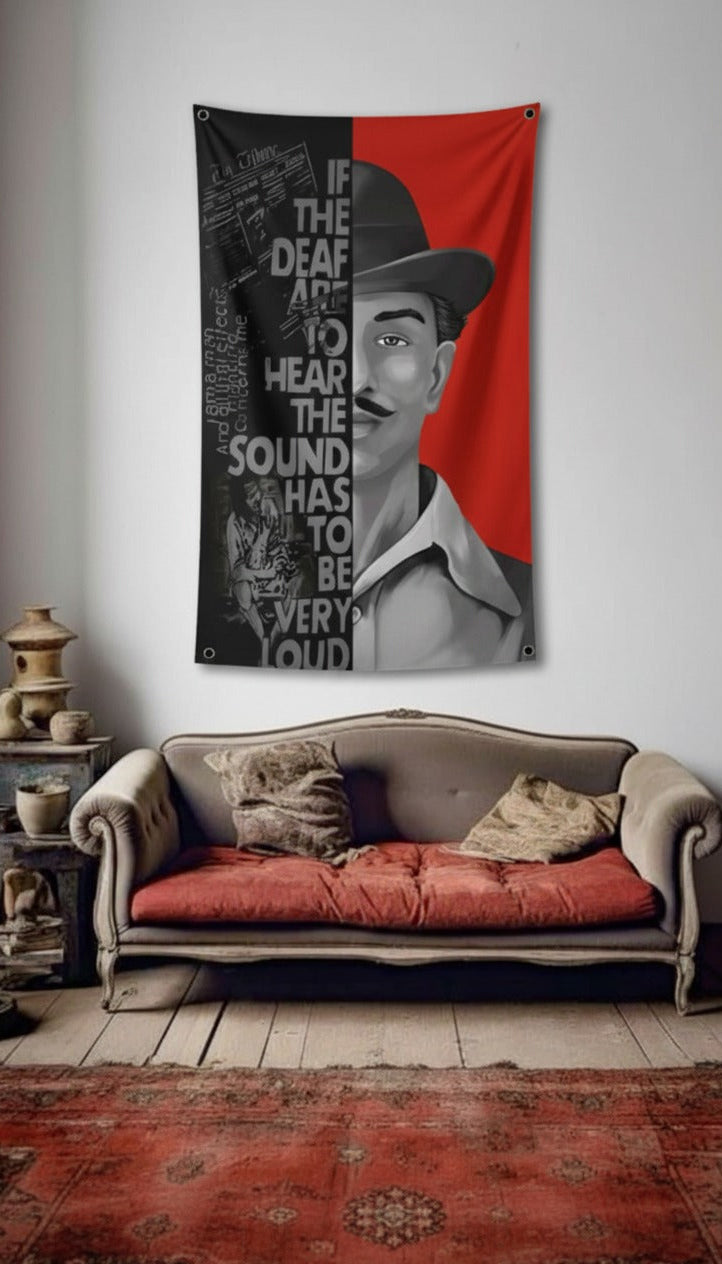 Bhagat Singh velvet wall tapestry – room mockup showing tapestry hung on bedroom wall