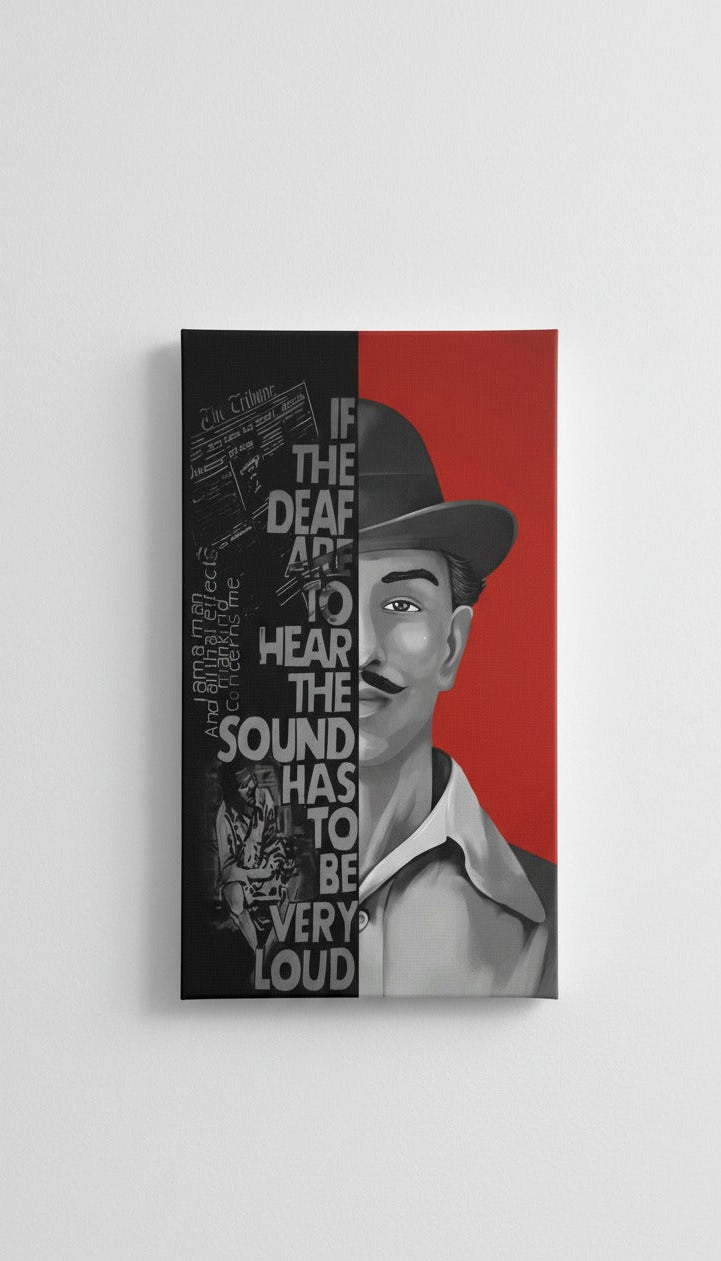 Bhagat Singh velvet wall tapestry – high-contrast black and red portrait with revolutionary quote typography flat product view