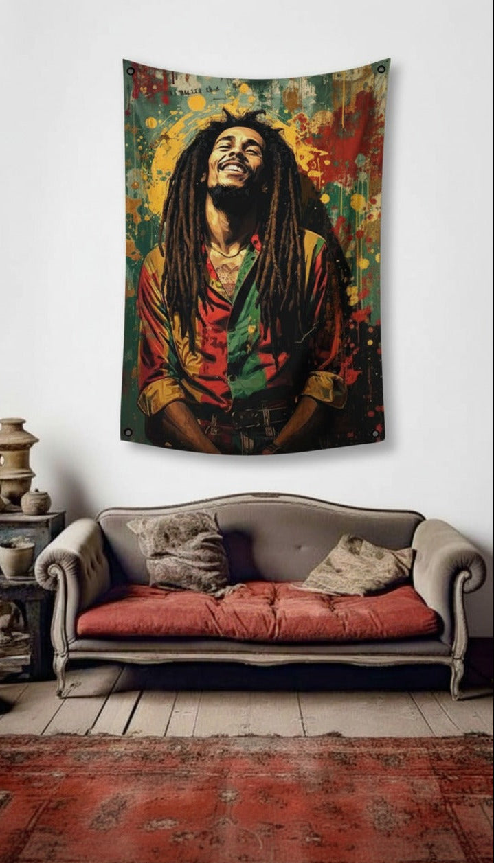 Bob Marley pop art velvet wall tapestry – room mockup showing tapestry hung on bedroom wall