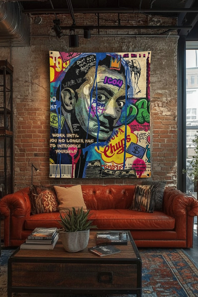 Salvador Dalí velvet tapestry mockup on bedroom wall