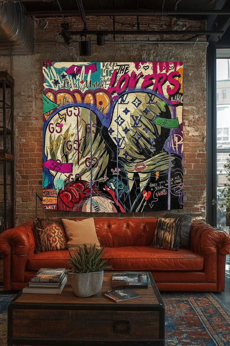 Lovers velvet tapestry mockup on bedroom wall