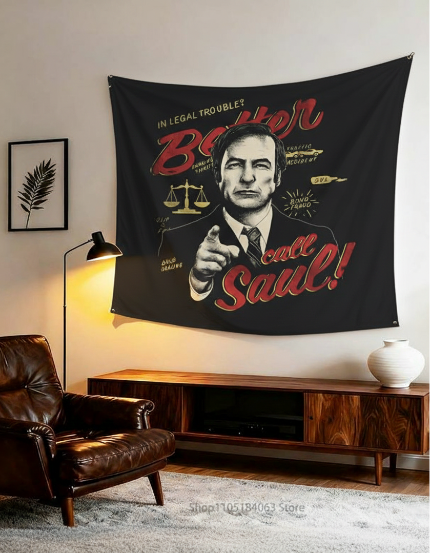 Better Call Saul velvet wall tapestry – dark vintage ad Breaking Bad fan art mockup on bedroom wall