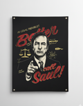 Better Call Saul velvet wall tapestry – vintage black background ad with red and gold hand-lettered type and Saul Goodman pointing portrait
