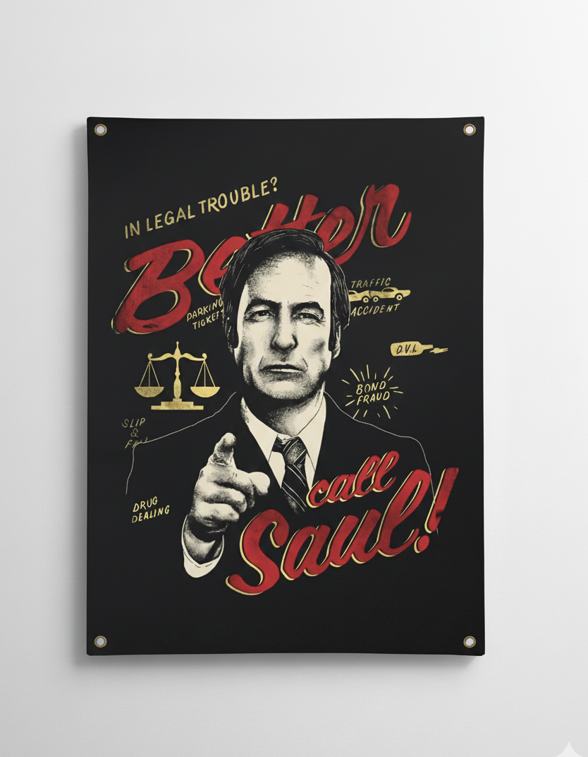 Better Call Saul velvet wall tapestry – vintage black background ad with red and gold hand-lettered type and Saul Goodman pointing portrait