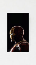 Iron Man velvet wall tapestry – Tony Stark helmet in profile deep red and gold against pure black in cinematic minimal studio composition