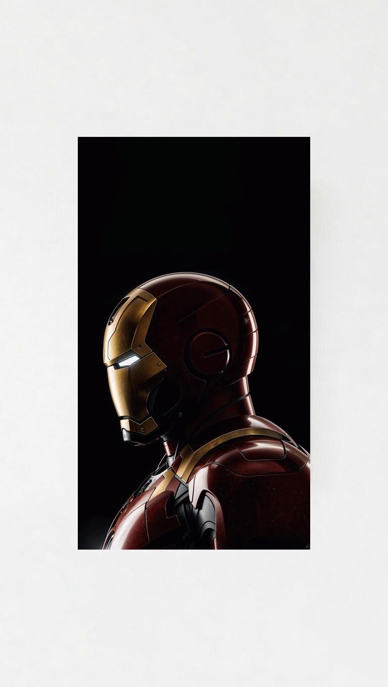 Iron Man velvet wall tapestry – Tony Stark helmet in profile deep red and gold against pure black in cinematic minimal studio composition