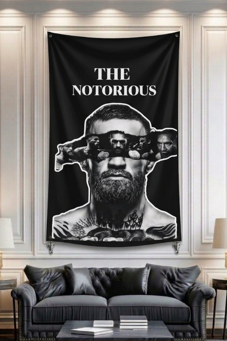 Conor McGregor The Notorious velvet wall tapestry – bold layered MMA portrait in raw black and white collage style