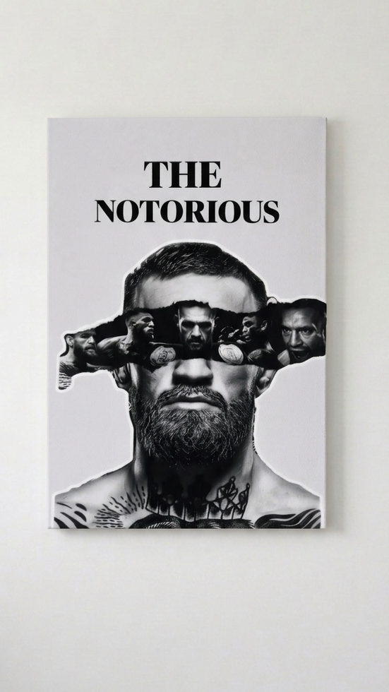 Conor McGregor The Notorious velvet wall tapestry – high-contrast black and white fighter collage portrait with dark aesthetic
