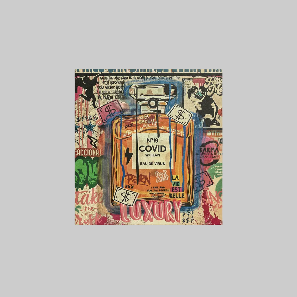 Luxury perfume pop art velvet wall tapestry – satirical graffiti design
