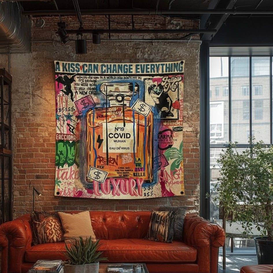 Luxury perfume velvet tapestry mockup on living room wall