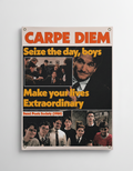 Dead Poets Society Carpe Diem velvet wall tapestry – vintage newspaper collage with warm orange and black tones Keating portrait and Carpe Diem quote
