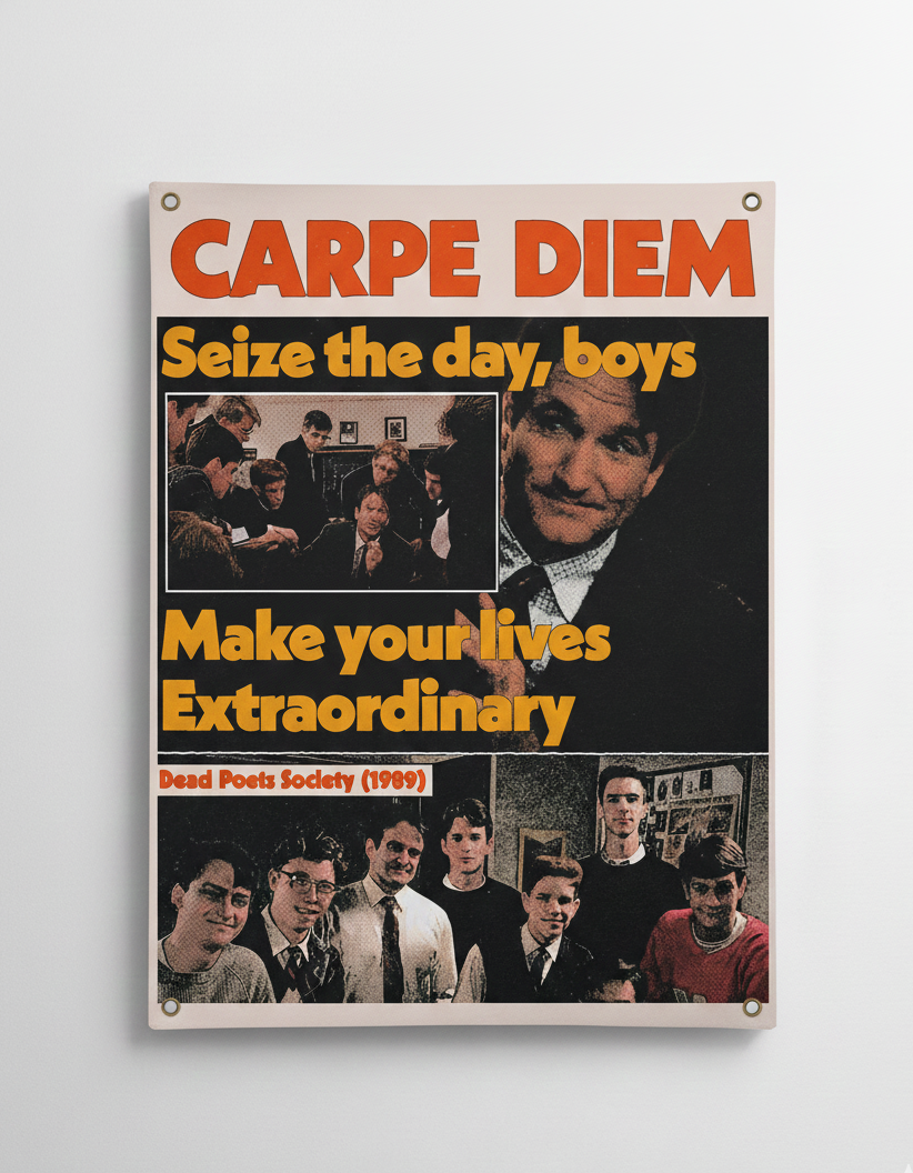 Dead Poets Society Carpe Diem velvet wall tapestry – vintage newspaper collage with warm orange and black tones Keating portrait and Carpe Diem quote