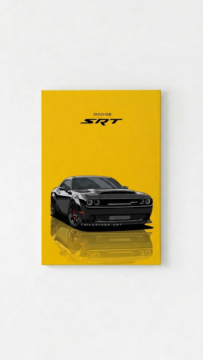 Dodge SRT Challenger velvet wall tapestry – vector illustration of Challenger on yellow backdrop with mirror reflection flat product view