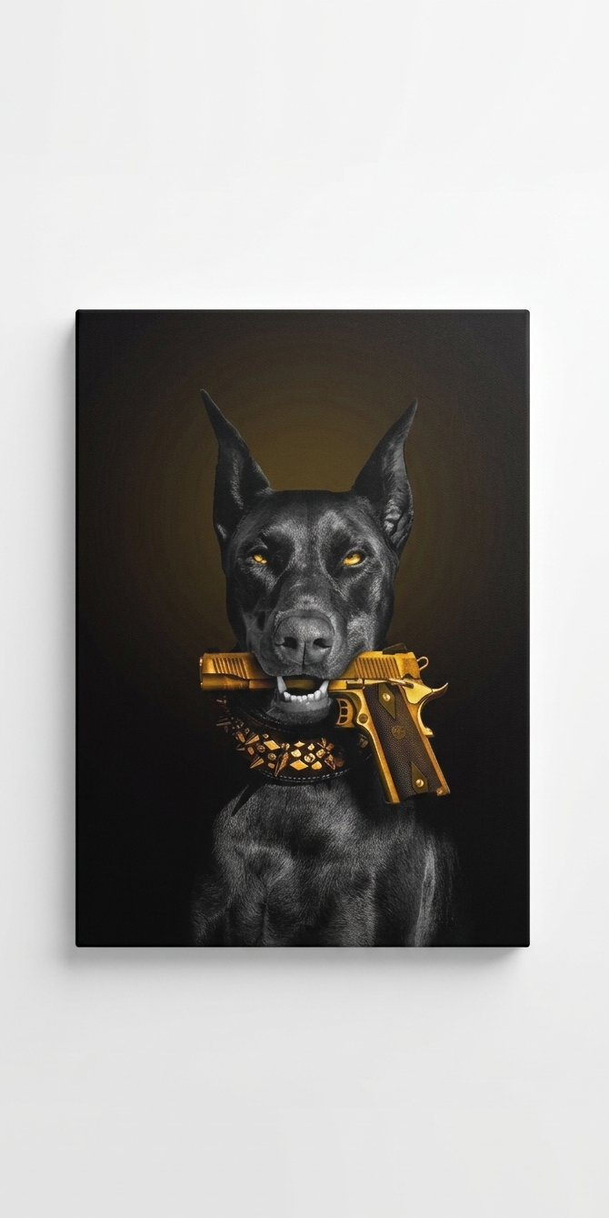 Doberman gold gun velvet wall tapestry – Doberman holding gold gun on dark background flat product view