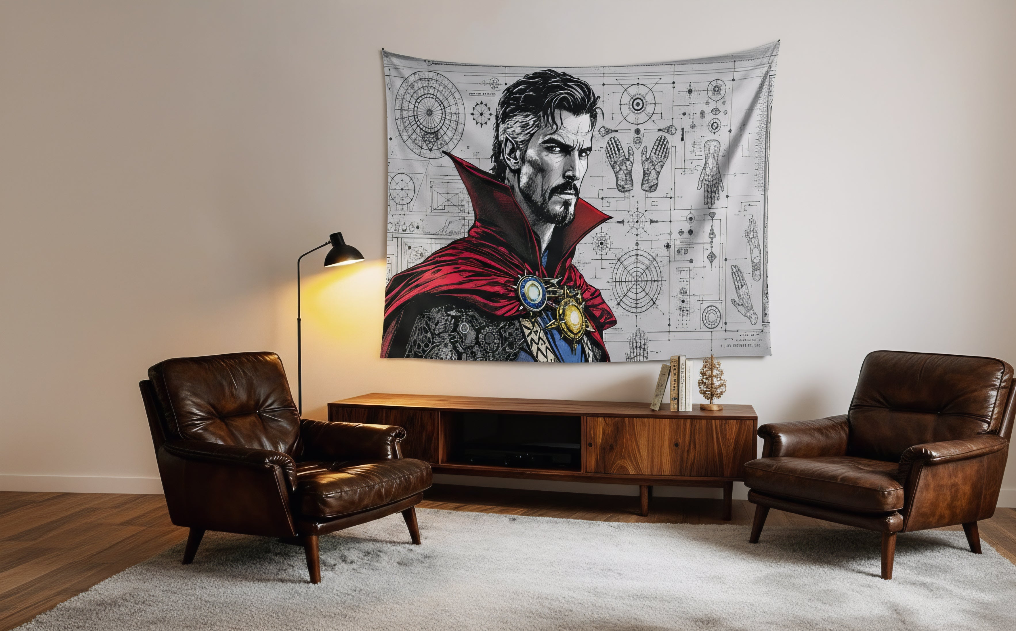 Doctor Strange velvet wall tapestry – monochrome blueprint Marvel art mockup on bedroom wall